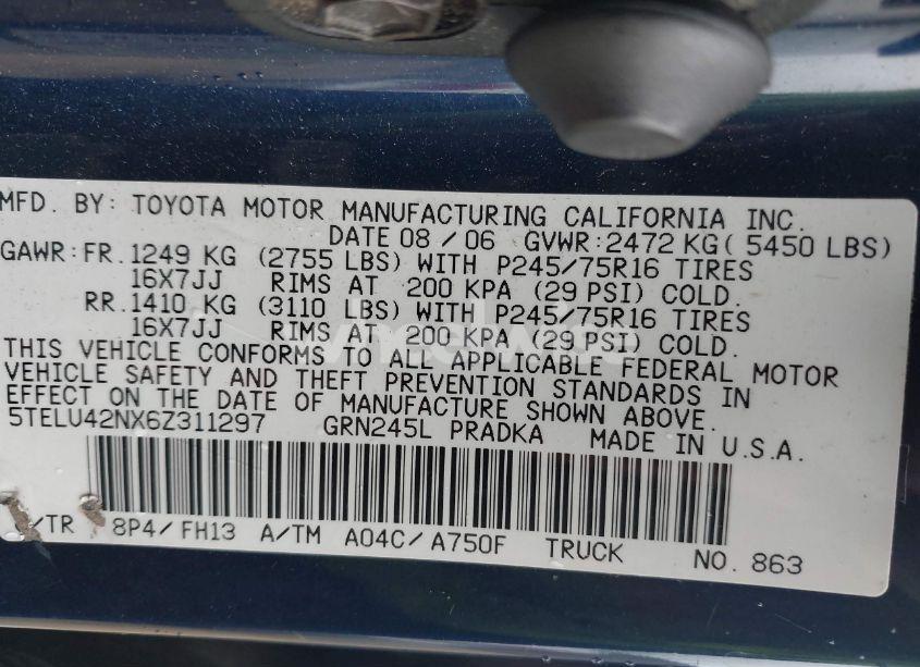 Photo 9 of 2006 Toyota Tacoma BASE V6 (VIN 5TELU42NX6Z311297)