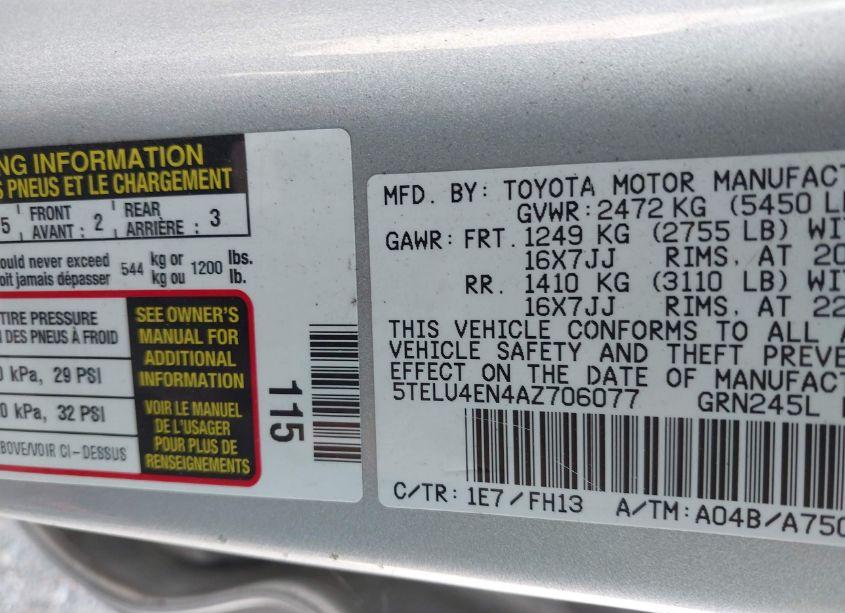 Photo 9 of 2010 Toyota Tacoma BASE V6 (VIN 5TELU4EN4AZ706077)