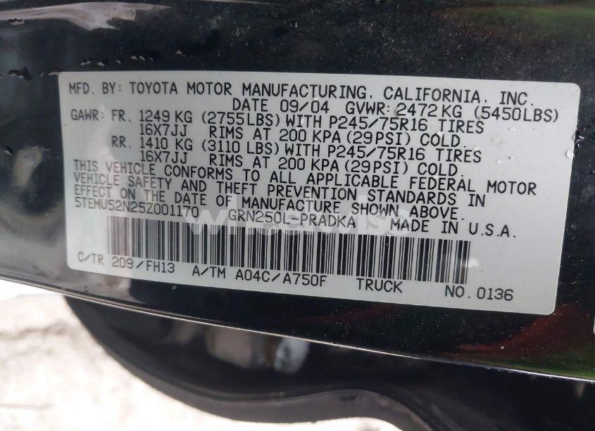 Photo 9 of 2005 Toyota Tacoma BASE V6 (VIN 5TEMU52N25Z001170)
