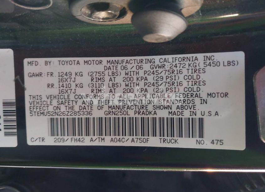 Photo 9 of 2006 Toyota Tacoma BASE V6 (VIN 5TEMU52N26Z285336)