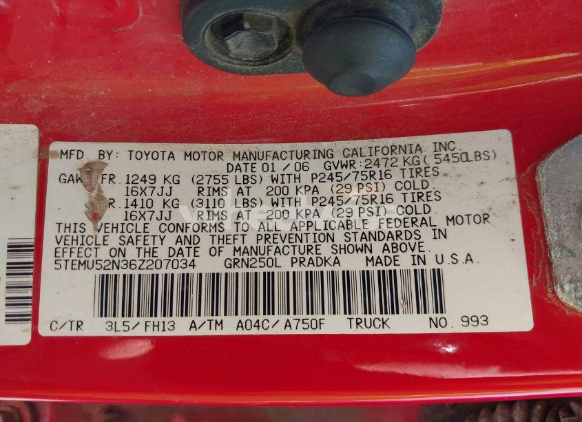 Photo 9 of 2006 Toyota Tacoma BASE V6 (VIN 5TEMU52N36Z207034)