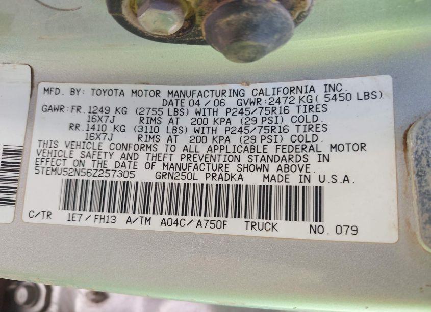 Photo 9 of 2006 Toyota Tacoma BASE V6 (VIN 5TEMU52N56Z257305)