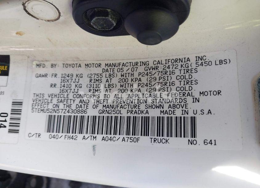 Photo 9 of 2007 Toyota Tacoma BASE V6 (VIN 5TEMU52N57Z430886)