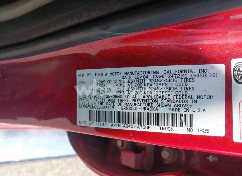 Photo 9 of 2005 Toyota Tacoma BASE V6 (VIN 5TEMU52N85Z032729)