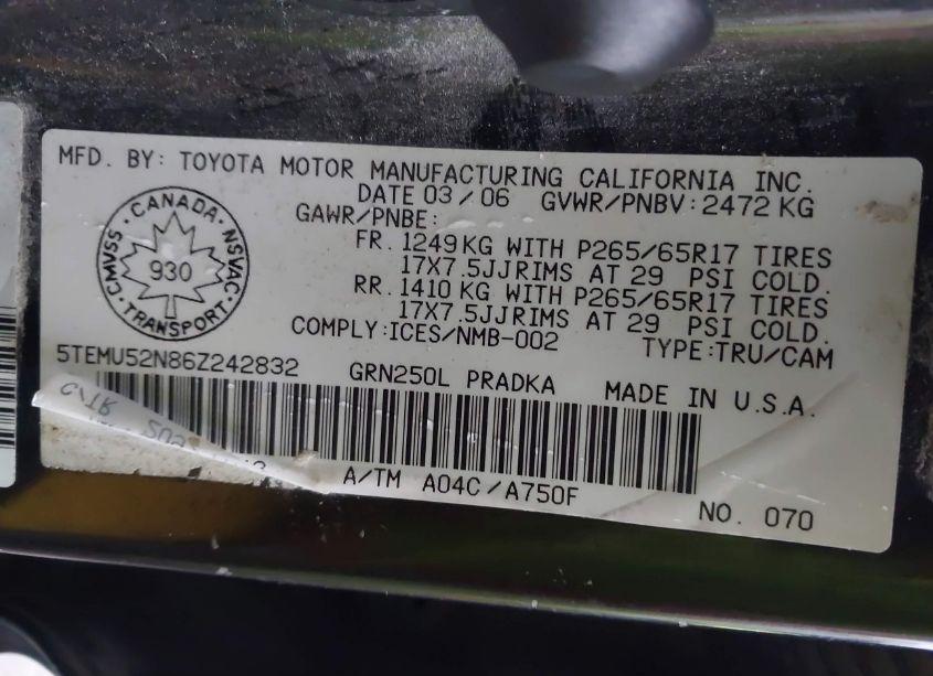 Photo 9 of 2006 Toyota Tacoma V6 (VIN 5TEMU52N86Z242832)