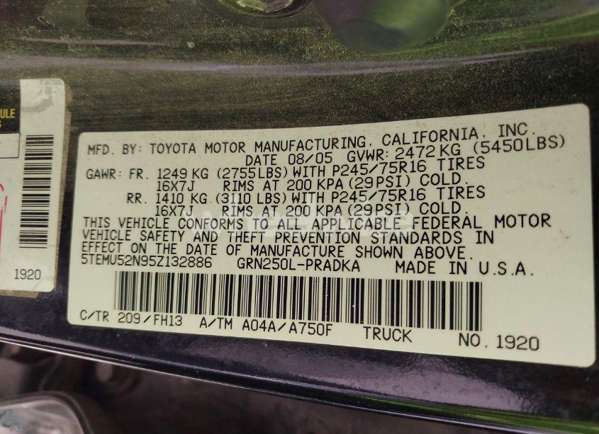 Photo 9 of 2005 Toyota Tacoma BASE V6 (VIN 5TEMU52N95Z132886)