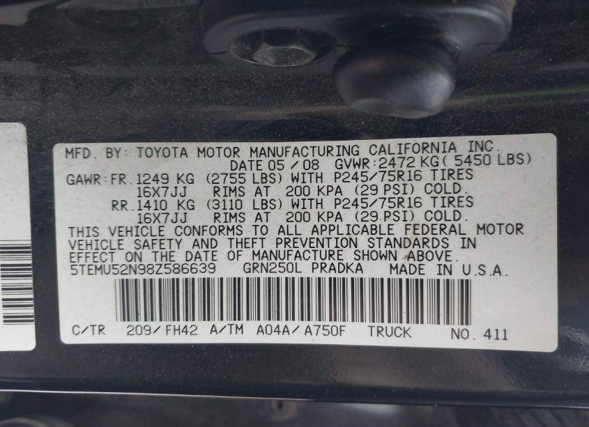 Photo 9 of 2008 Toyota Tacoma BASE V6 (VIN 5TEMU52N98Z586639)