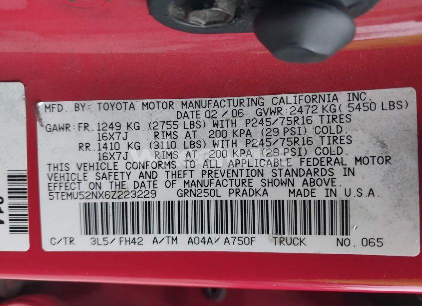 Photo 9 of 2006 Toyota Tacoma BASE V6 (VIN 5TEMU52NX6Z223229)