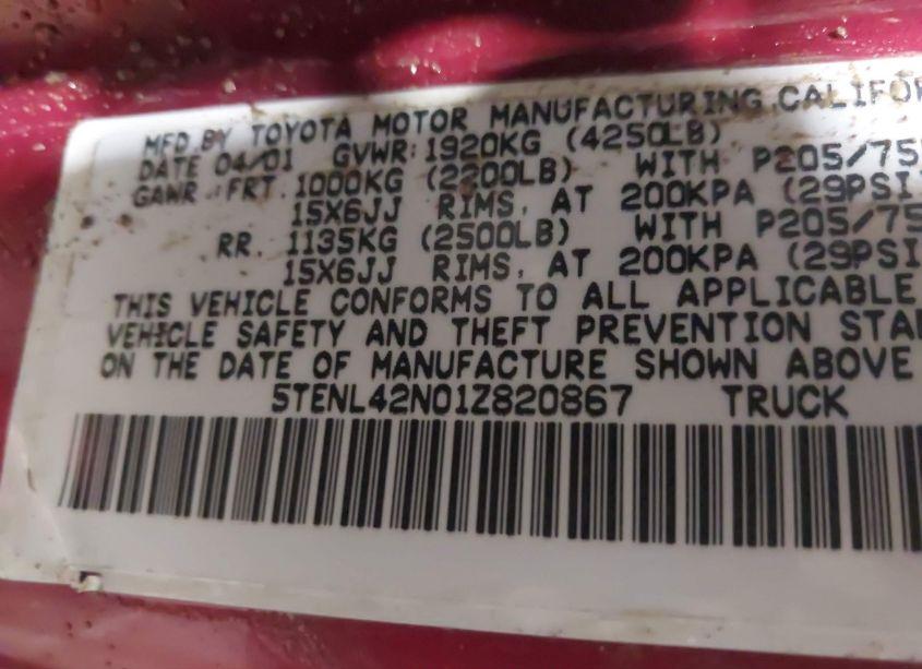 Photo 9 of 2001 Toyota Tacoma (VIN 5TENL42N01Z820867)