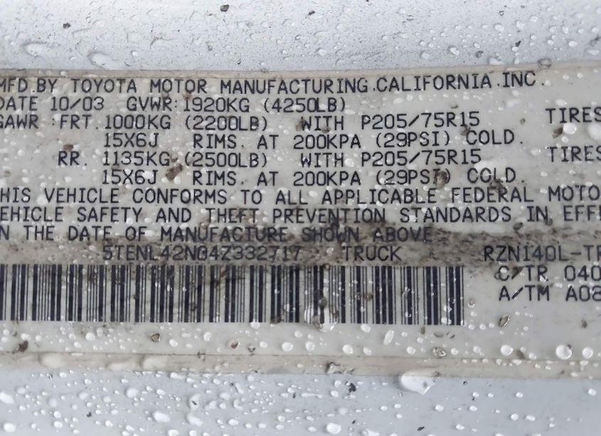 Photo 9 of 2004 Toyota Tacoma (VIN 5TENL42N04Z332717)