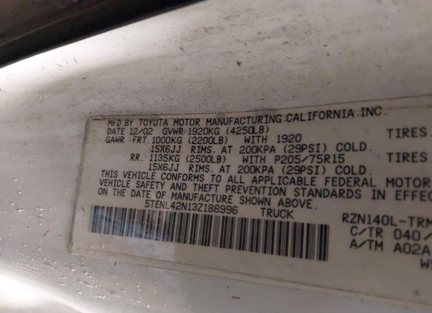 Photo 9 of 2003 Toyota Tacoma N/A (VIN 5TENL42N13Z188996)