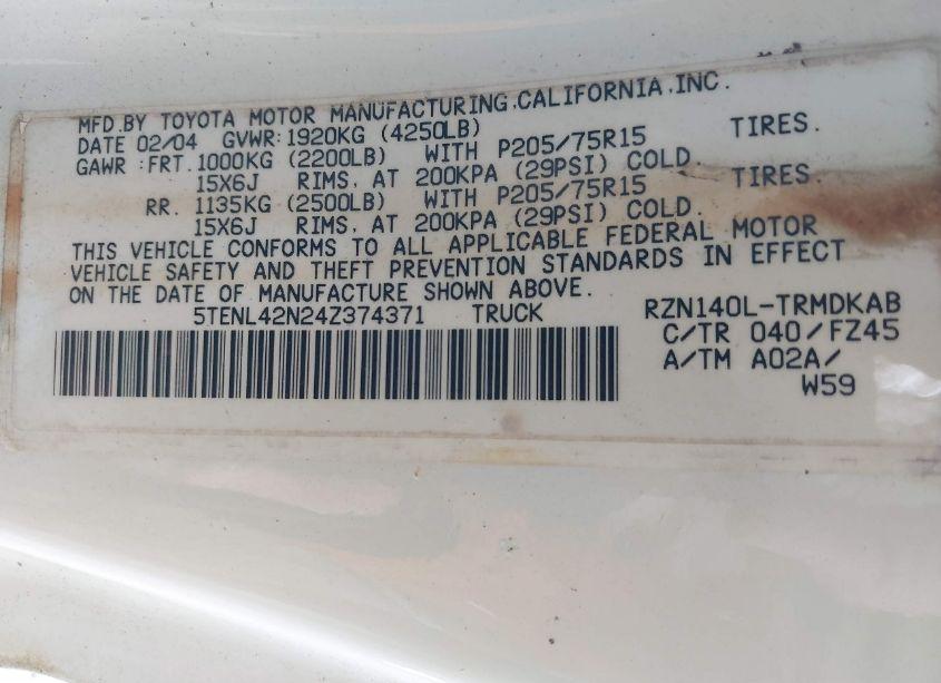 Photo 9 of 2004 Toyota Tacoma N/A (VIN 5TENL42N24Z374371)