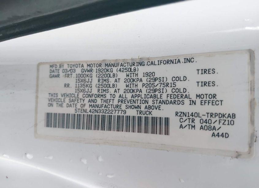Photo 9 of 2003 Toyota Tacoma N/A (VIN 5TENL42N33Z227779)