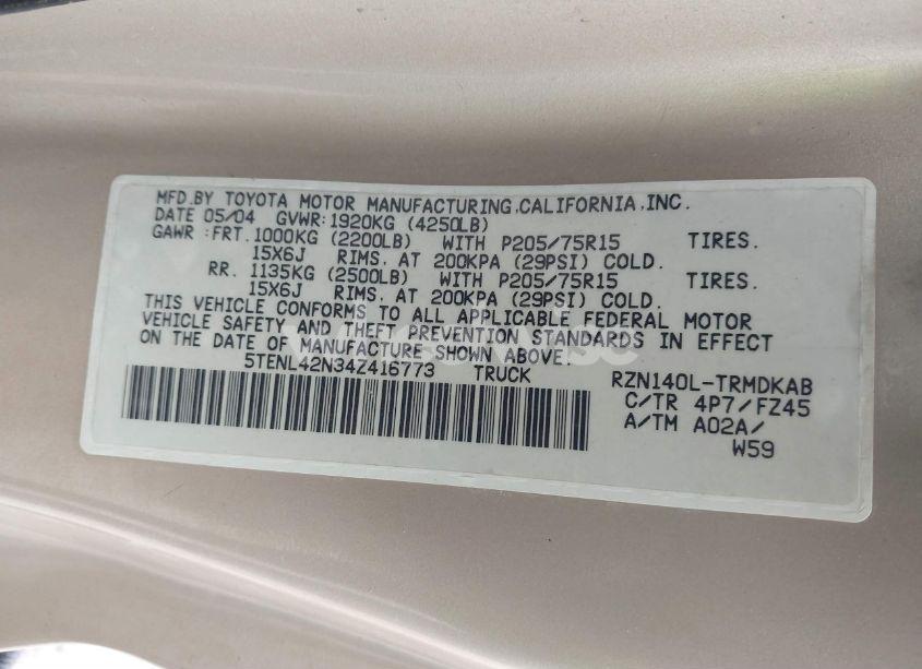 Photo 9 of 2004 Toyota Tacoma (VIN 5TENL42N34Z416773)