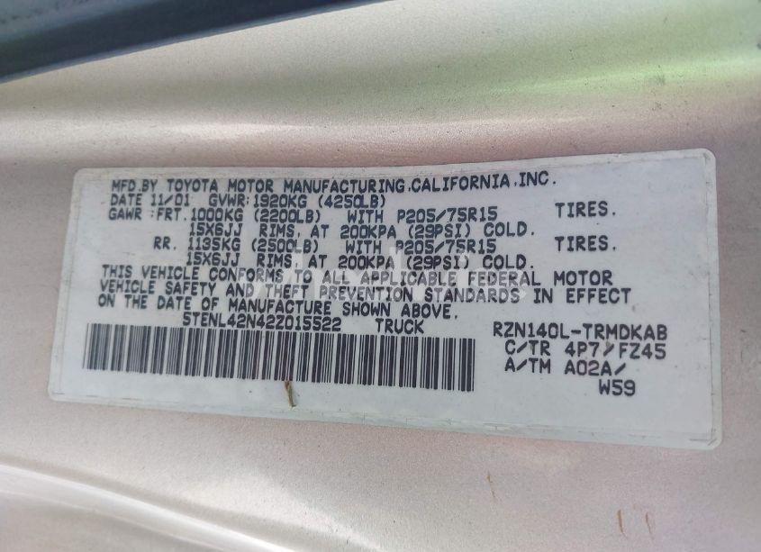 Photo 9 of 2002 Toyota Tacoma (VIN 5TENL42N42Z015522)