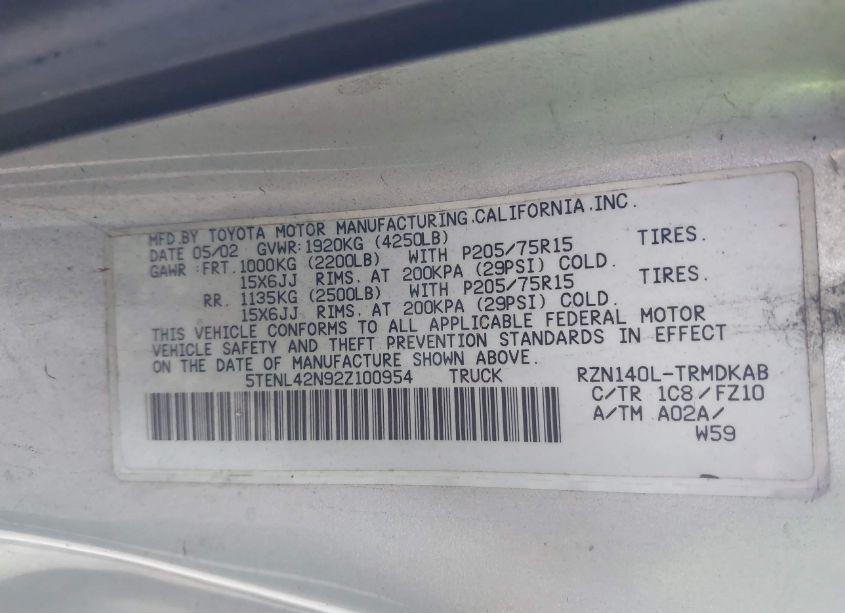 Photo 9 of 2002 Toyota Tacoma (VIN 5TENL42N92Z100954)