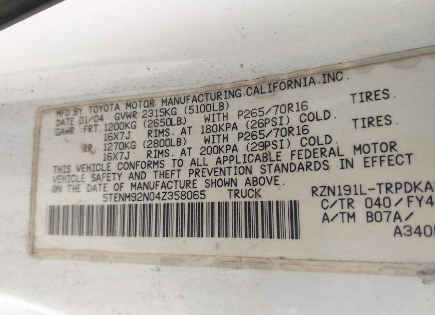Photo 9 of 2004 Toyota Tacoma PRERUNNER (VIN 5TENM92N04Z358065)