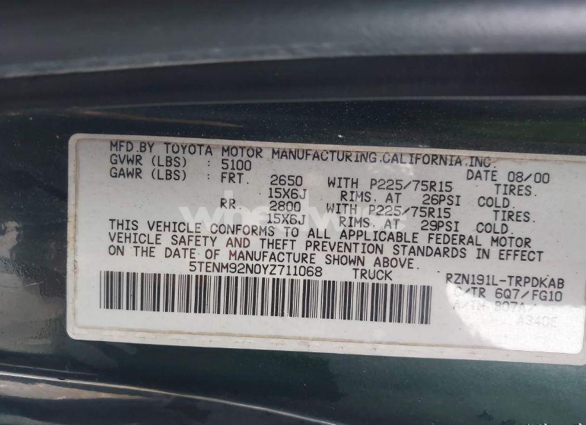 Photo 9 of 2000 Toyota Tacoma PRERUNNER (VIN 5TENM92N0YZ711068)