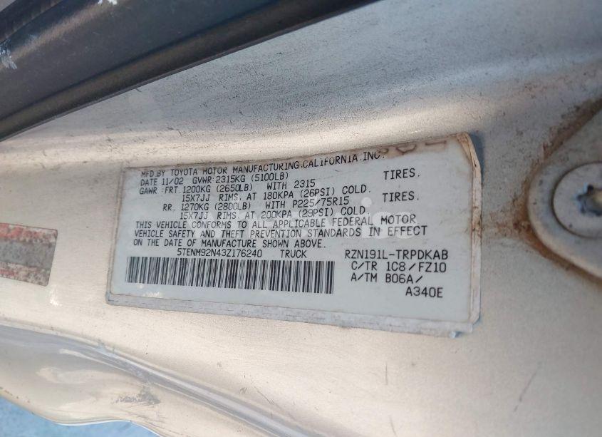 Photo 9 of 2003 Toyota Tacoma PRERUNNER (VIN 5TENM92N43Z176240)