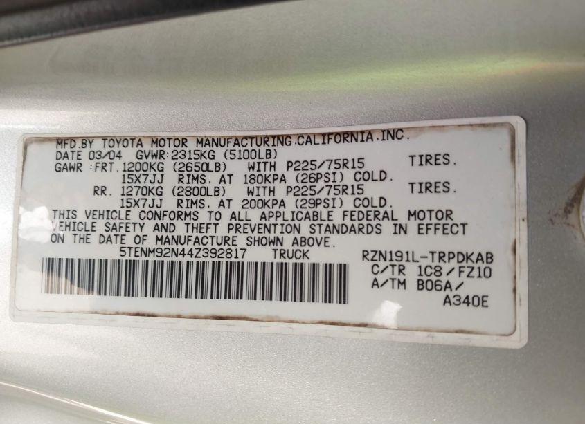 Photo 9 of 2004 Toyota Tacoma PRERUNNER (VIN 5TENM92N44Z392817)