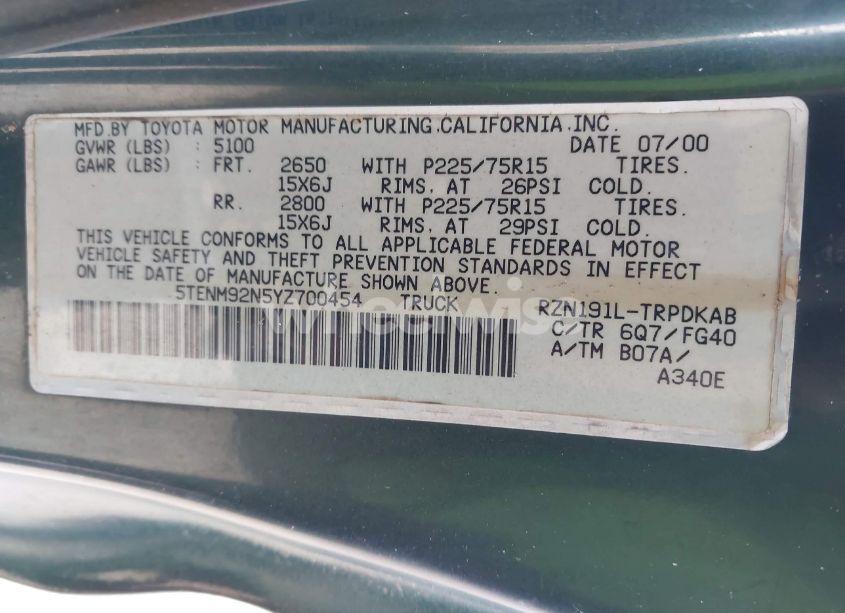Photo 9 of 2000 Toyota Tacoma PRERUNNER (VIN 5TENM92N5YZ700454)