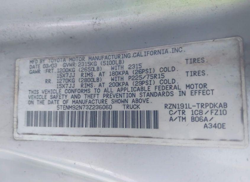 Photo 9 of 2003 Toyota Tacoma PRERUNNER (VIN 5TENM92N73Z236060)