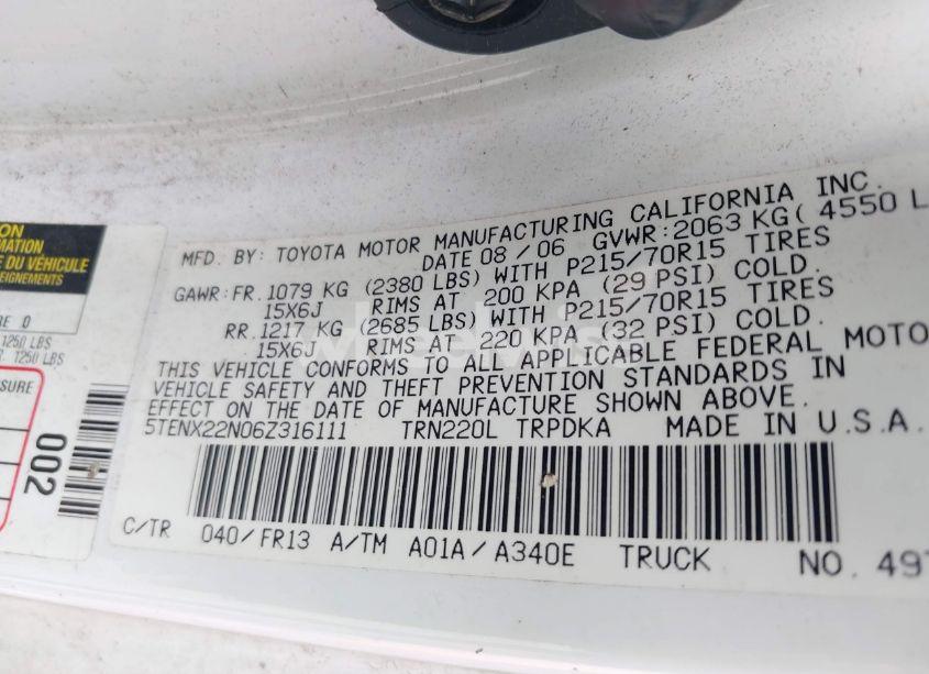 Photo 9 of 2006 Toyota Tacoma (VIN 5TENX22N06Z316111)