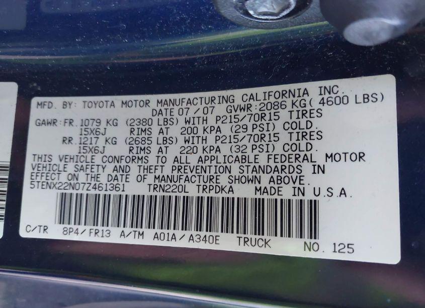Photo 9 of 2007 Toyota Tacoma N/A (VIN 5TENX22N07Z461361)