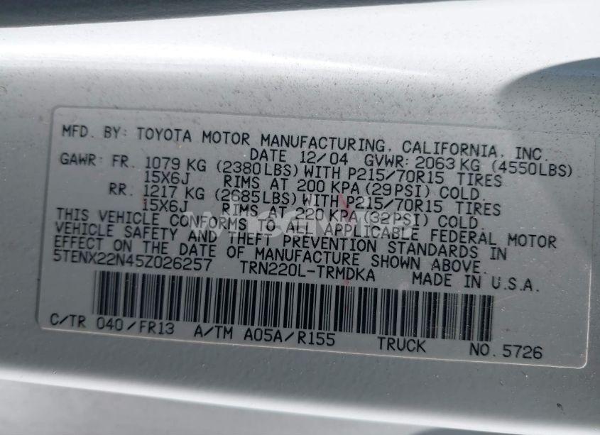 Photo 9 of 2005 Toyota Tacoma (VIN 5TENX22N45Z026257)