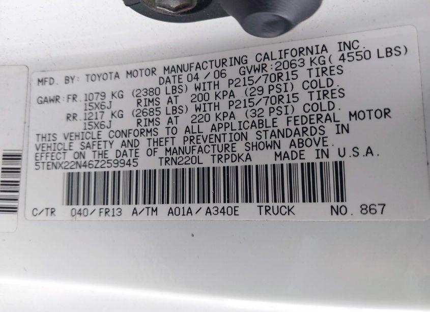Photo 9 of 2006 Toyota Tacoma (VIN 5TENX22N46Z259945)
