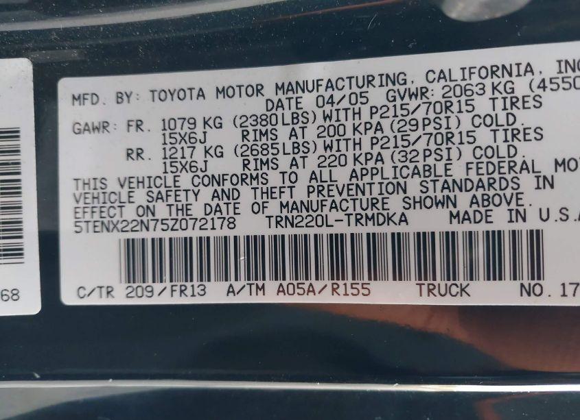 Photo 9 of 2005 Toyota Tacoma (VIN 5TENX22N75Z072178)
