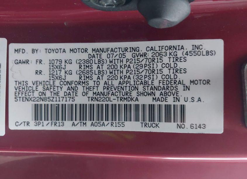 Photo 9 of 2005 Toyota Tacoma (VIN 5TENX22N85Z117175)