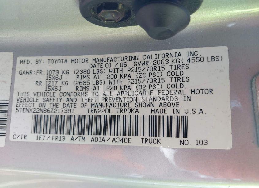 Photo 9 of 2006 Toyota Tacoma (VIN 5TENX22N86Z217391)
