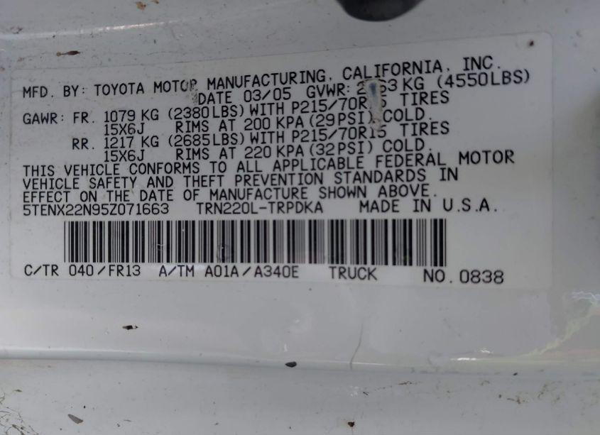 Photo 9 of 2005 Toyota Tacoma (VIN 5TENX22N95Z071663)