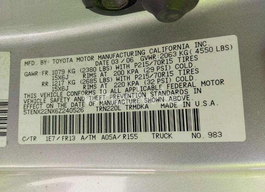 Photo 9 of 2006 Toyota Tacoma N/A (VIN 5TENX22NX6Z240526)