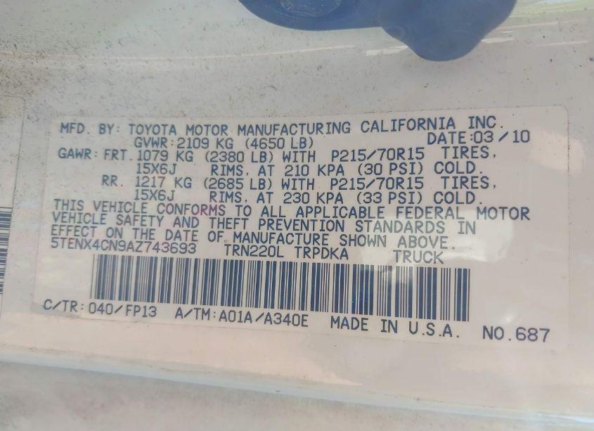 Photo 9 of 2010 Toyota Tacoma (VIN 5TENX4CN9AZ743693)