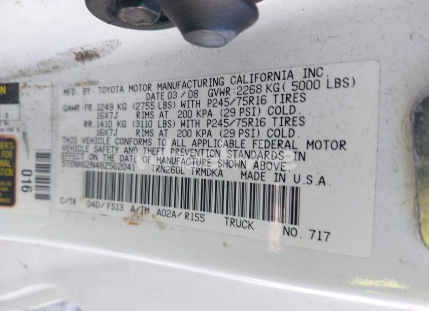 Photo 9 of 2008 Toyota Tacoma PRERUNNER (VIN 5TENX62N48Z562041)