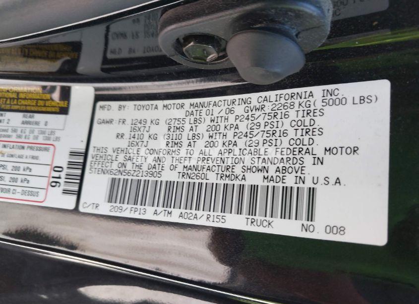 Photo 9 of 2006 Toyota Tacoma PRERUNNER (VIN 5TENX62N56Z213905)