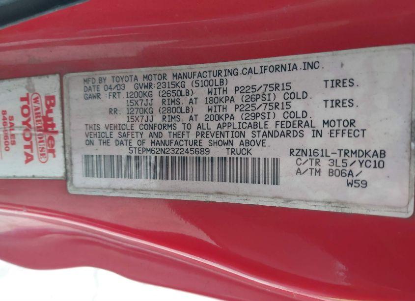 Photo 9 of 2003 Toyota Tacoma (VIN 5TEPM62N23Z245689)