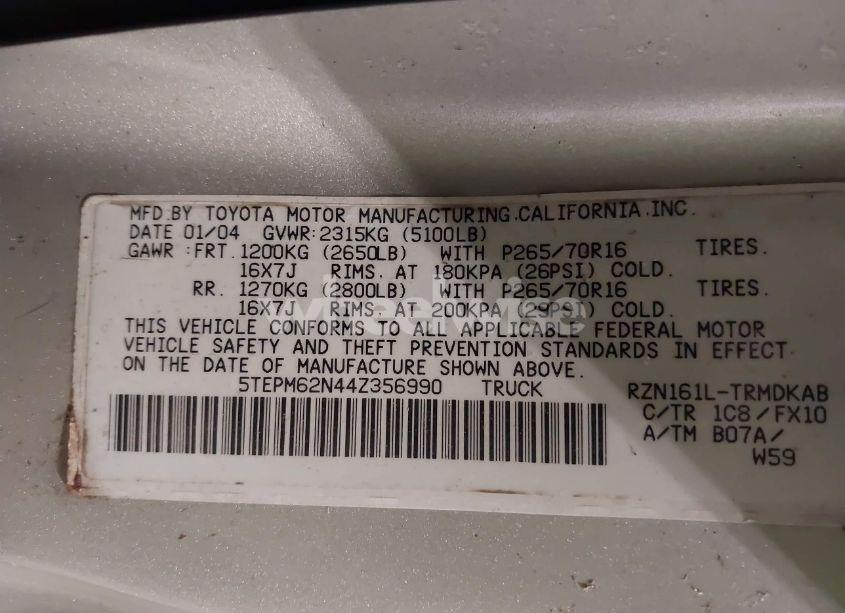 Photo 9 of 2004 Toyota Tacoma (VIN 5TEPM62N44Z356990)