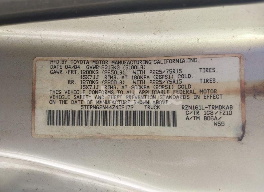 Photo 9 of 2004 Toyota Tacoma (VIN 5TEPM62N44Z402172)