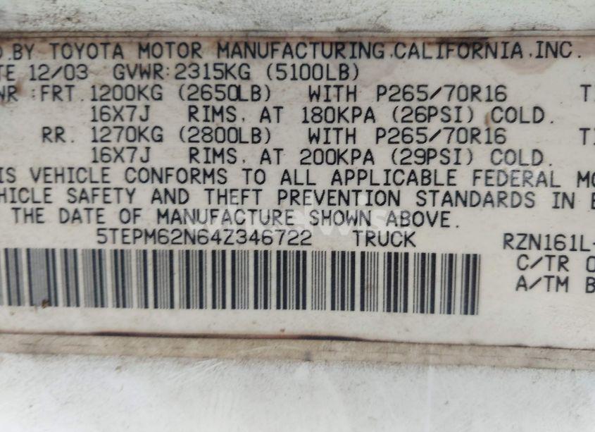 Photo 9 of 2004 Toyota Tacoma (VIN 5TEPM62N64Z346722)
