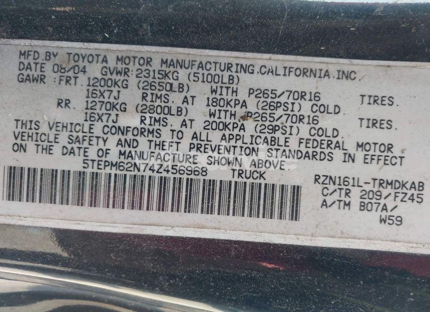 Photo 9 of 2004 Toyota Tacoma (VIN 5TEPM62N74Z456968)