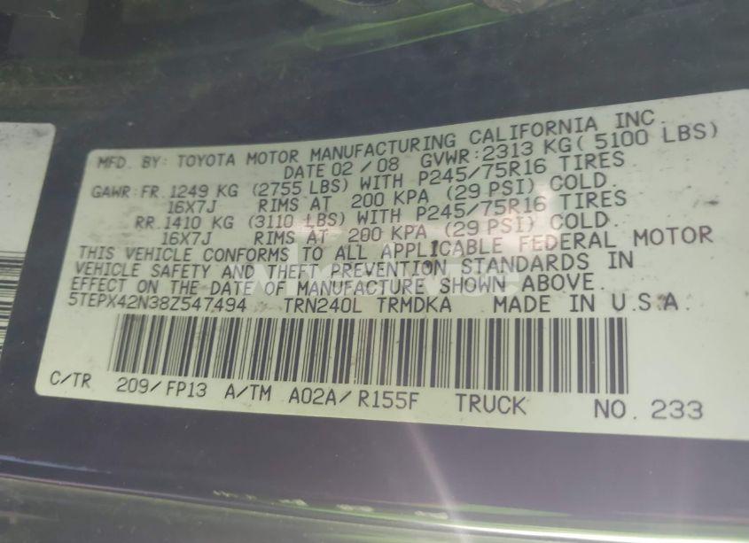 Photo 9 of 2008 Toyota Tacoma (VIN 5TEPX42N38Z547494)