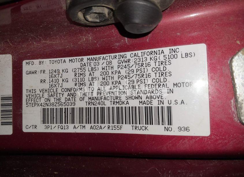 Photo 9 of 2008 Toyota Tacoma (VIN 5TEPX42N38Z565039)