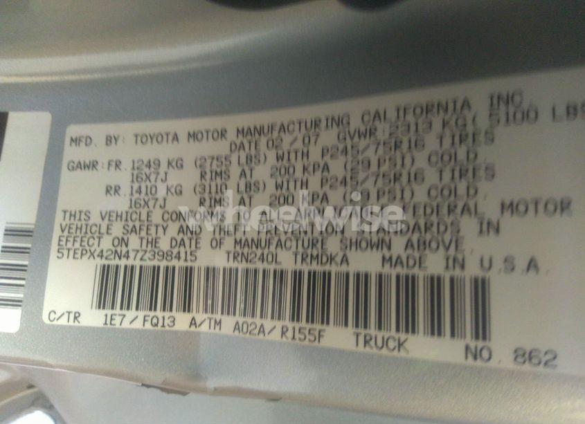 Photo 9 of 2007 Toyota Tacoma N/A (VIN 5TEPX42N47Z398415)