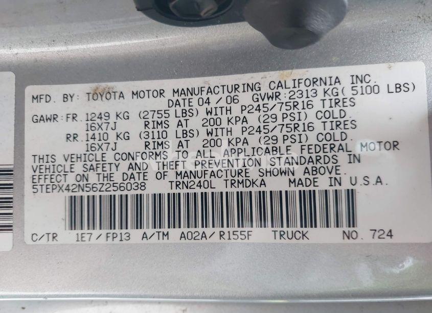 Photo 9 of 2006 Toyota Tacoma (VIN 5TEPX42N56Z256038)