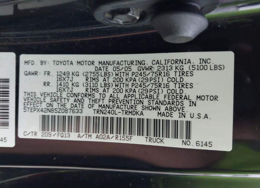 Photo 9 of 2005 Toyota Tacoma (VIN 5TEPX42N85Z087633)