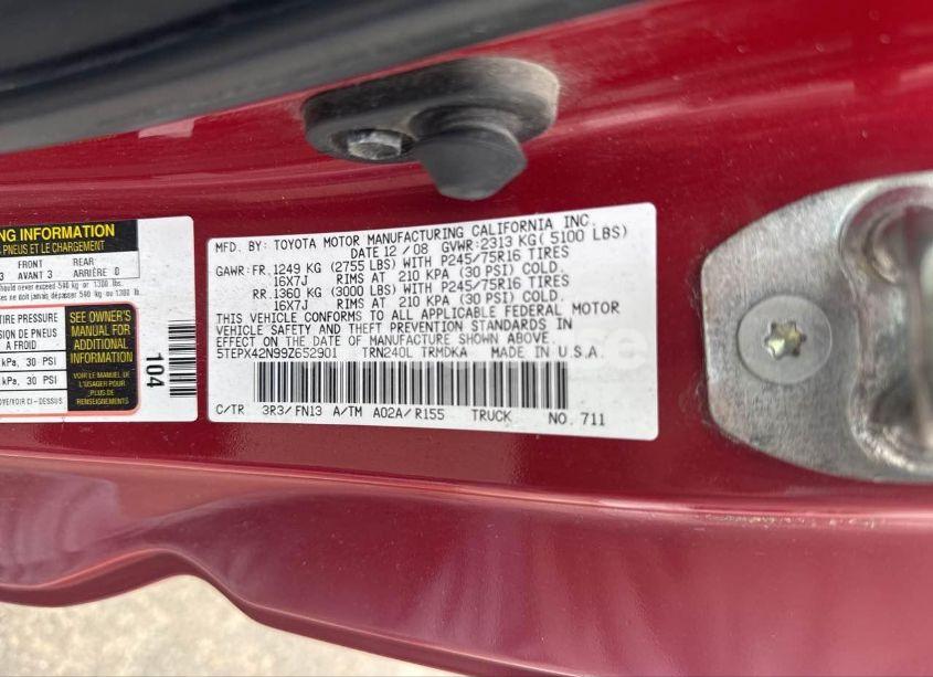 Photo 9 of 2009 Toyota Tacoma (VIN 5TEPX42N99Z652901)
