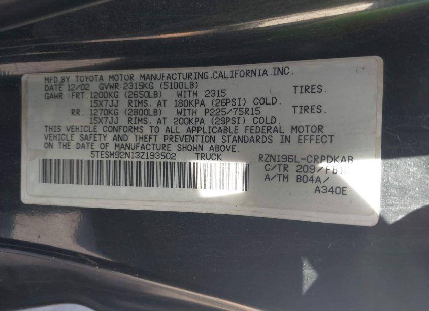 Photo 9 of 2003 Toyota Tacoma PRERUNNER (VIN 5TESM92N13Z193502)